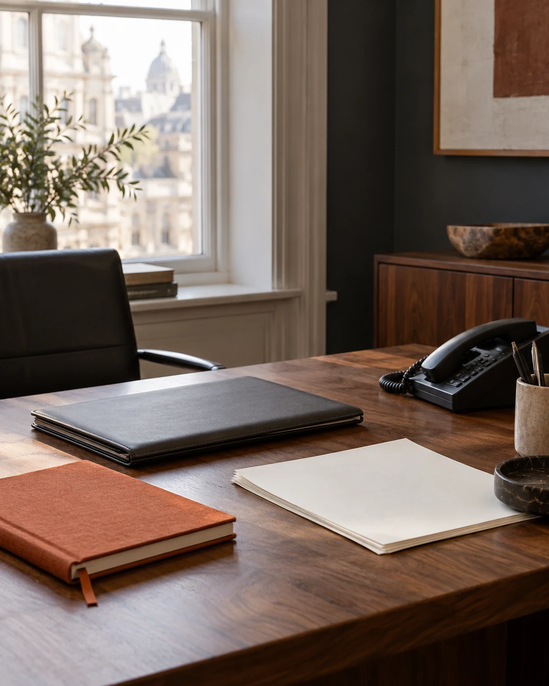 Telephone, folio and notebook on a sunlit wooden desk