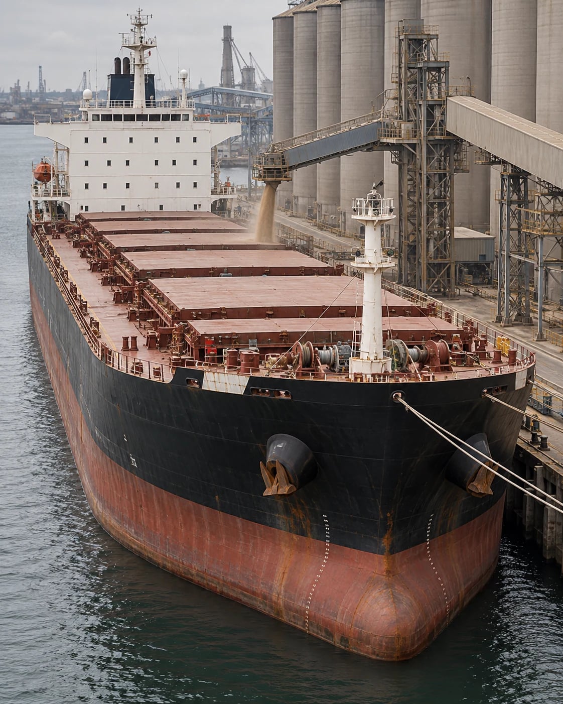 Bulk carrier alongside grain silos and a loading conveyor