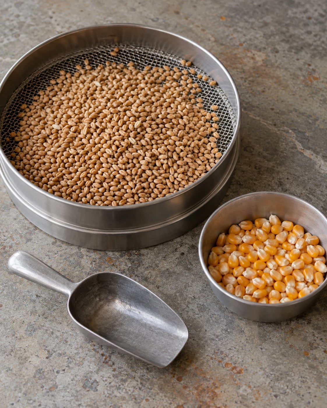 Wheat in a grading sieve beside a maize sample