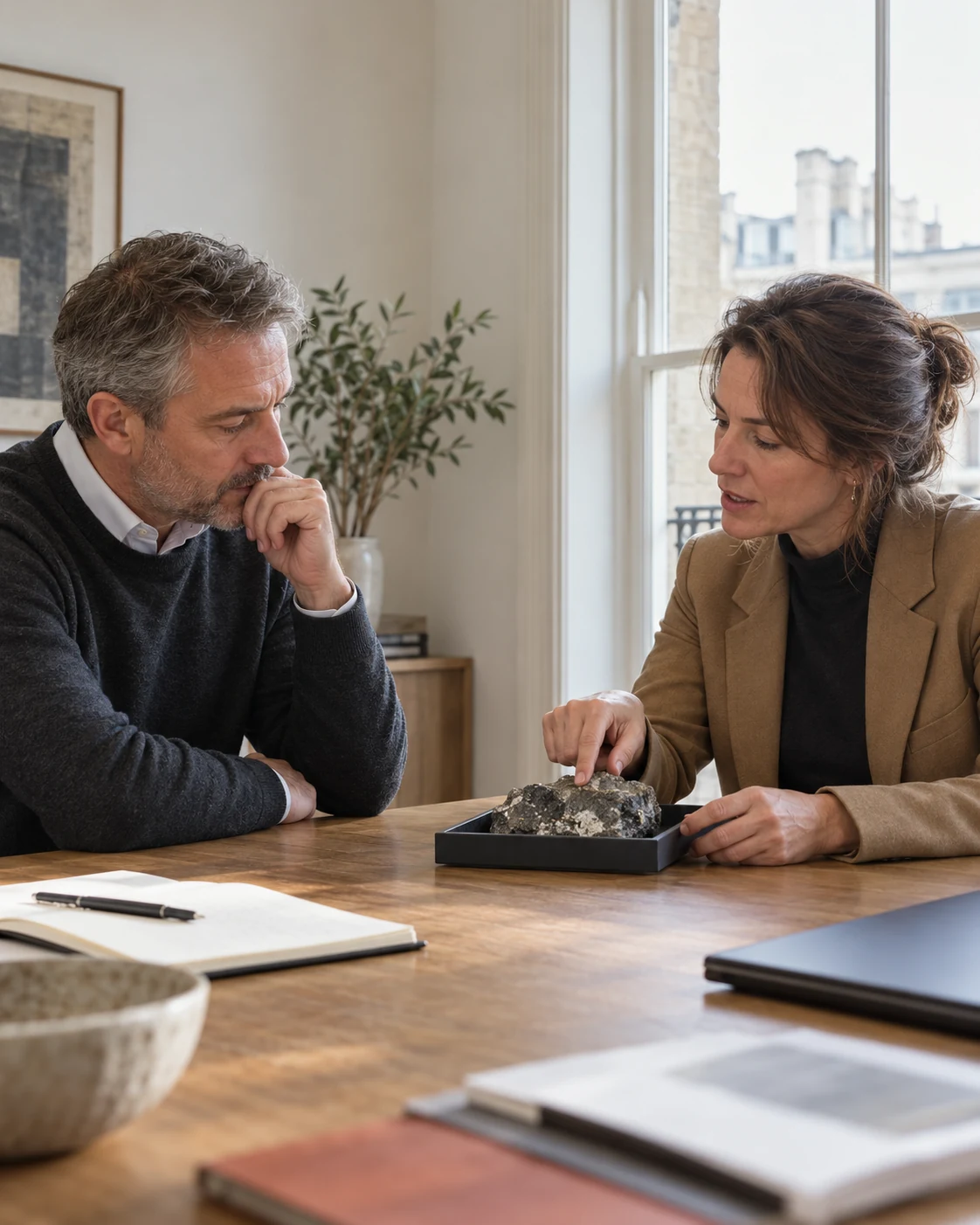 Two business professionals discussing a mineral sample at a table