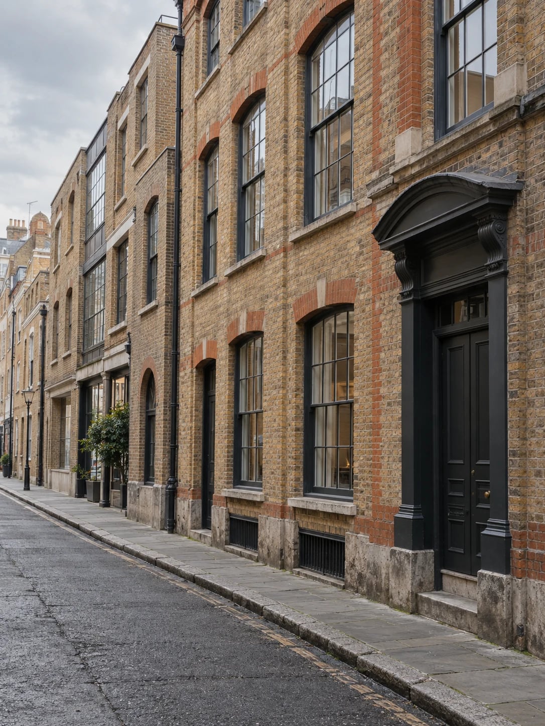 London brick warehouses along a quiet side street