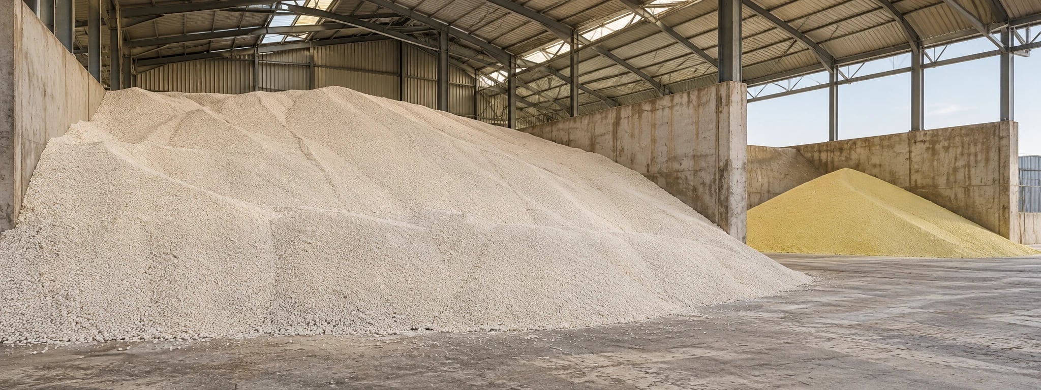 Bulk granular fertiliser stored inside an industrial shed