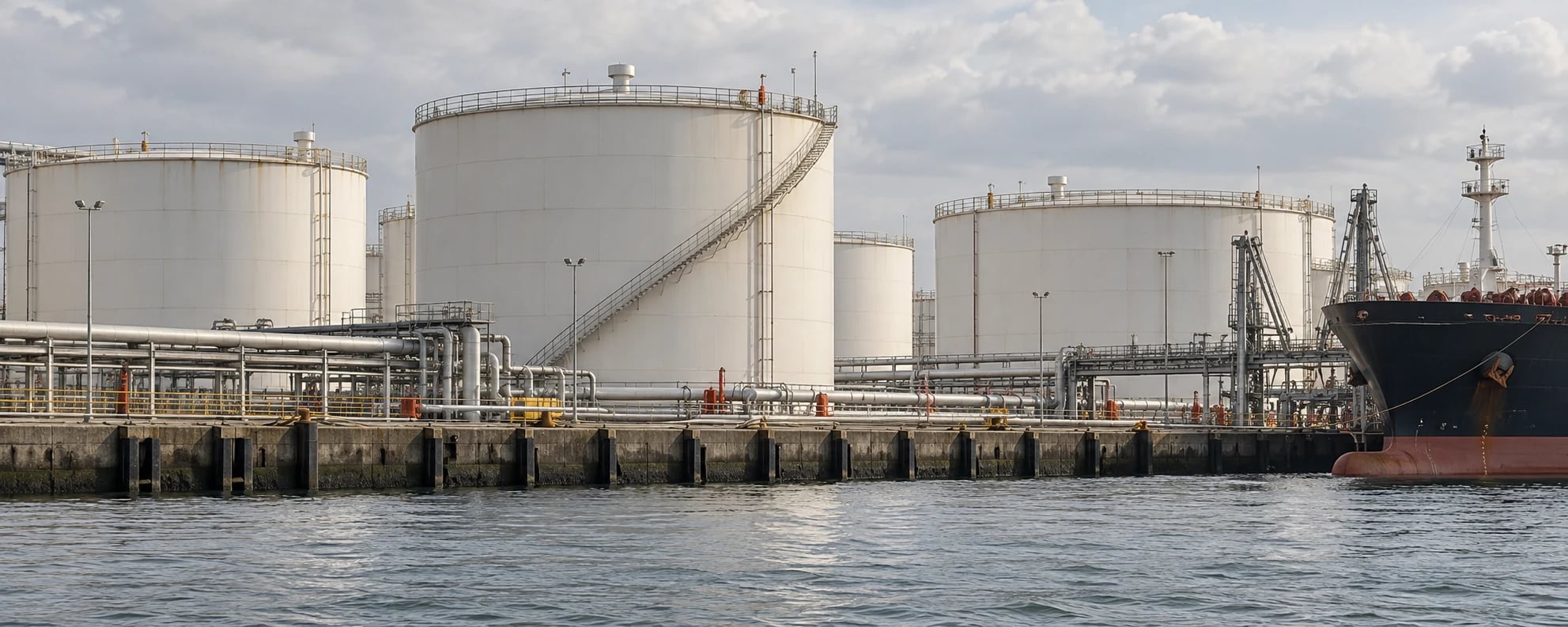 Petroleum storage tanks beside a working quay
