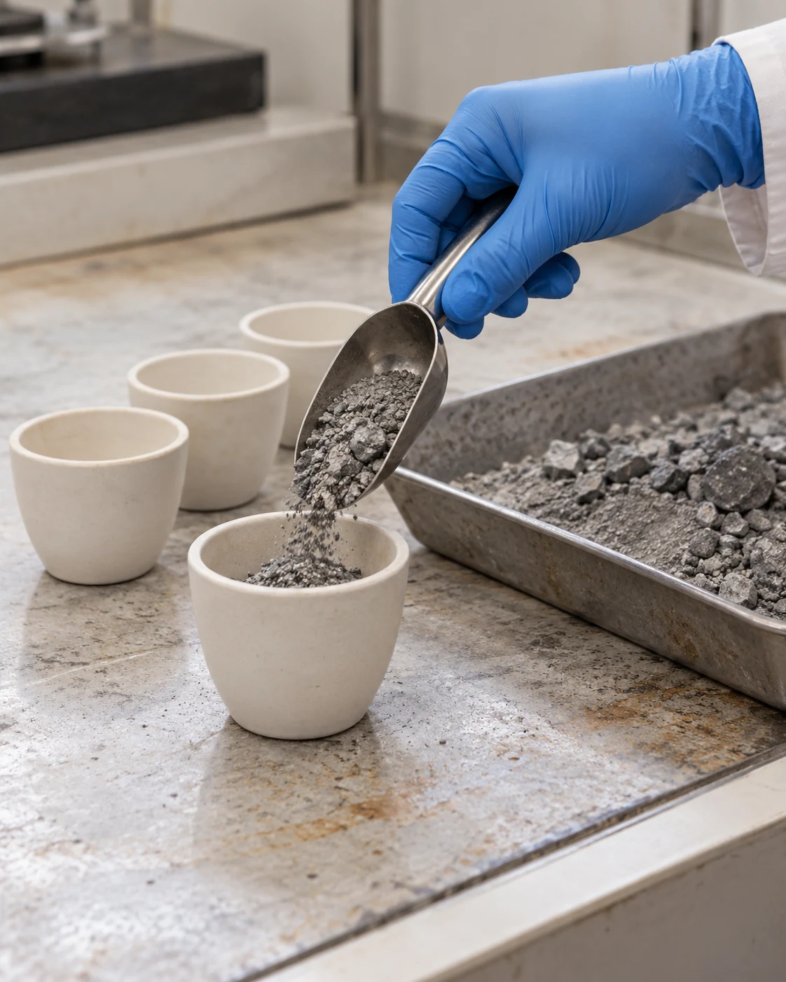 Gloved hand transferring a crushed mineral sample into an assay crucible