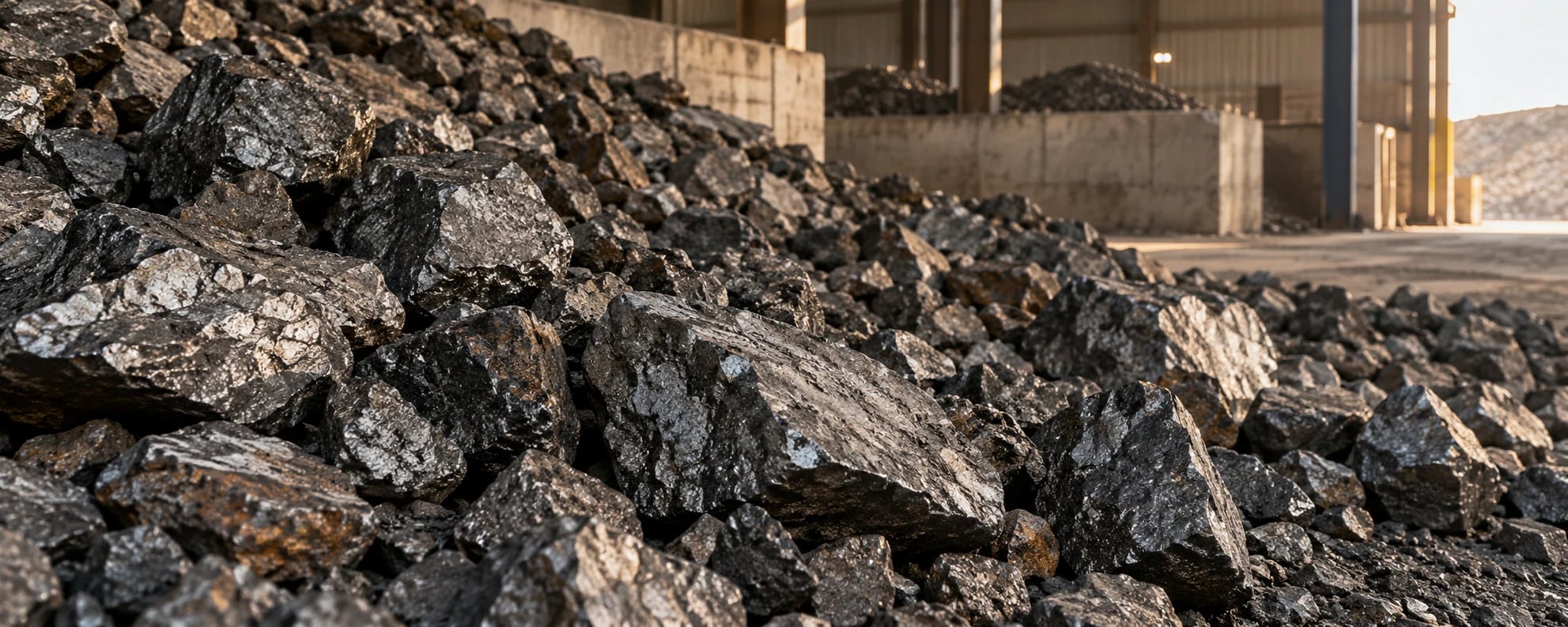 Dark chrome ore stockpiled in a concrete storage bay