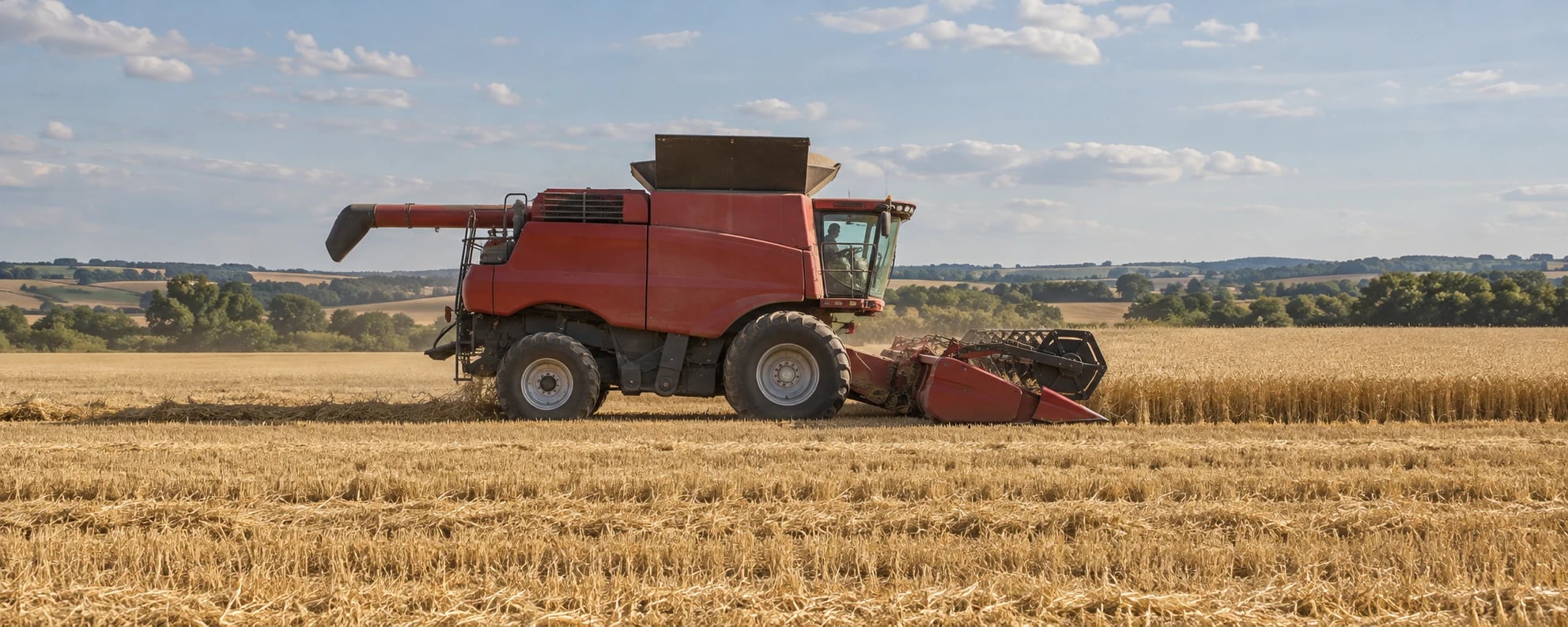 Combine harvester cutting a golden wheat field