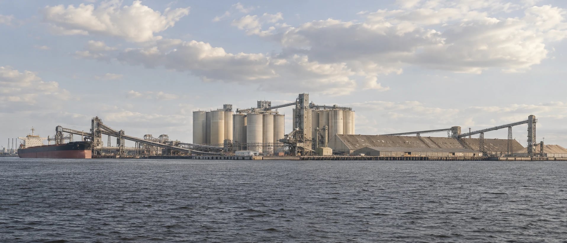 Grain silos and loading facilities across an estuary